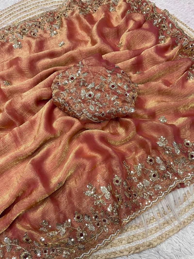 Peach fendy chiffon two ton saree and blouse with sequence embroidery work