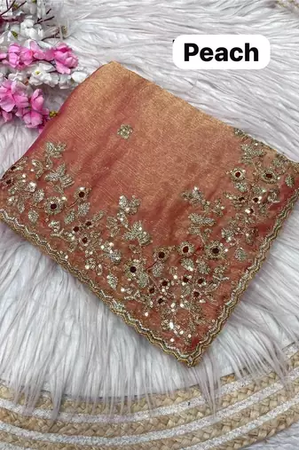 Peach fendy chiffon two ton saree and blouse with sequence embroidery work