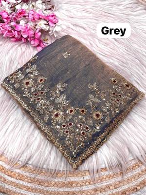 Grey fendy chiffon two ton saree and blouse with sequence embroidery work 2