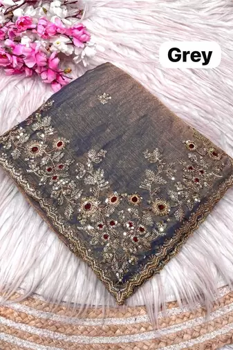 Grey fendy chiffon two ton saree and blouse with sequence embroidery work