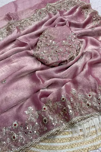 Babby pink fendy chiffon two ton saree and blouse with sequence embroidery work