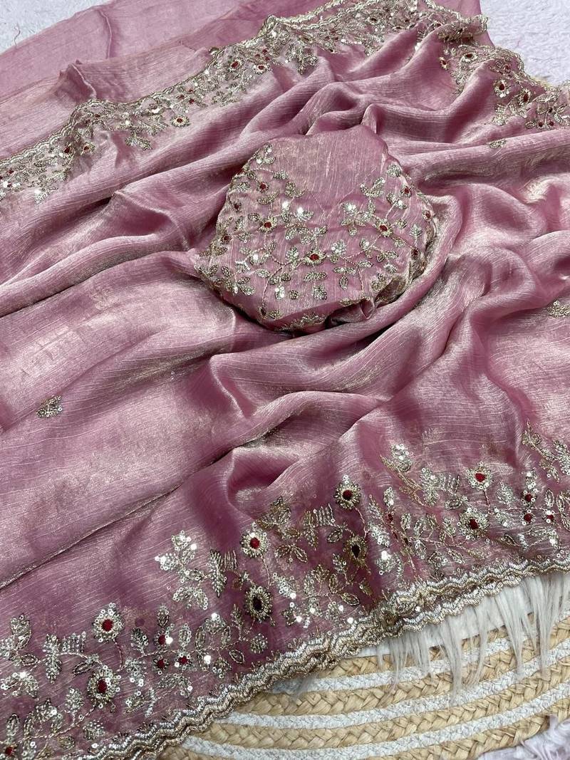 Babby pink fendy chiffon two ton saree and blouse with sequence embroidery work