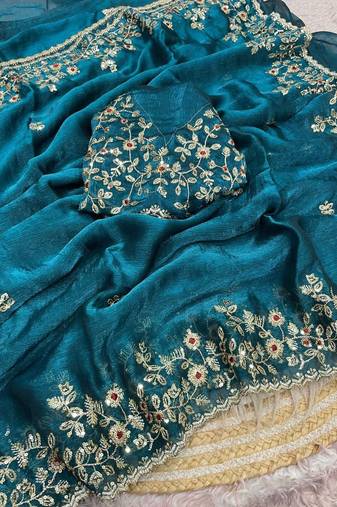 Sea green fendy chiffon two ton saree and blouse with sequence embroidery work