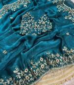 Sea green fendy chiffon two ton saree and blouse with sequence embroidery work