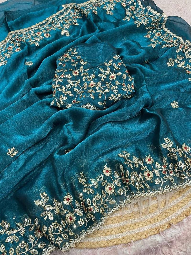Sea green fendy chiffon two ton saree and blouse with sequence embroidery work