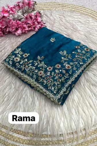 Sea green fendy chiffon two ton saree and blouse with sequence embroidery work
