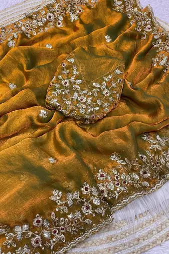 Gold fendy chiffon two ton saree and blouse with sequence embroidery work