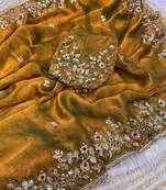 Gold fendy chiffon two ton saree and blouse with sequence embroidery work