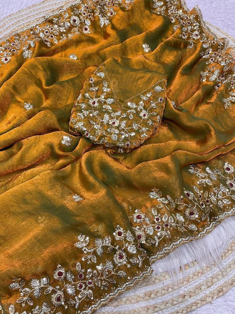 Gold fendy chiffon two ton saree and blouse with sequence embroidery work