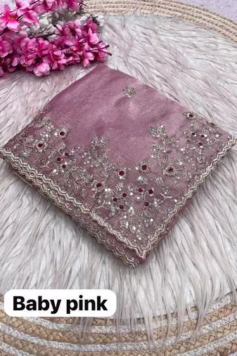 Babby pink fendy chiffon two ton saree and blouse with sequence embroidery work
