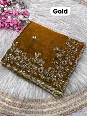 Gold fendy chiffon two ton saree and blouse with sequence embroidery work 2
