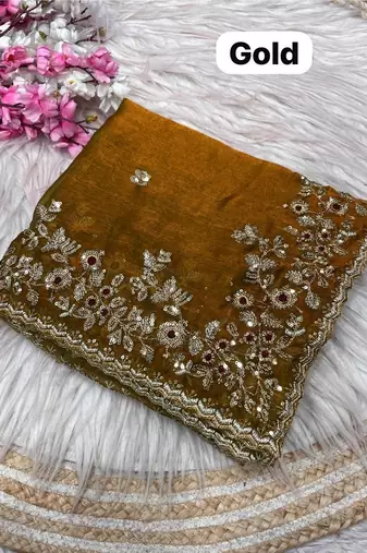 Gold fendy chiffon two ton saree and blouse with sequence embroidery work