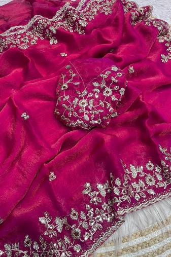 Rani pink fendy chiffon two ton saree and blouse with sequence embroidery work