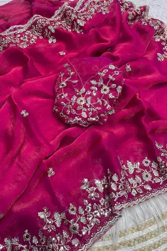 Rani pink fendy chiffon two ton saree and blouse with sequence embroidery work
