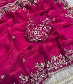 Rani pink fendy chiffon two ton saree and blouse with sequence embroidery work