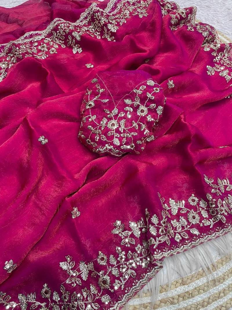 Rani pink fendy chiffon two ton saree and blouse with sequence embroidery work