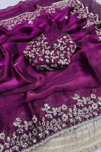 Wine fendy chiffon two ton saree and blouse with sequence embroidery work
