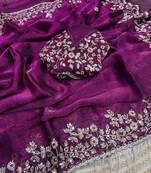 Wine fendy chiffon two ton saree and blouse with sequence embroidery work