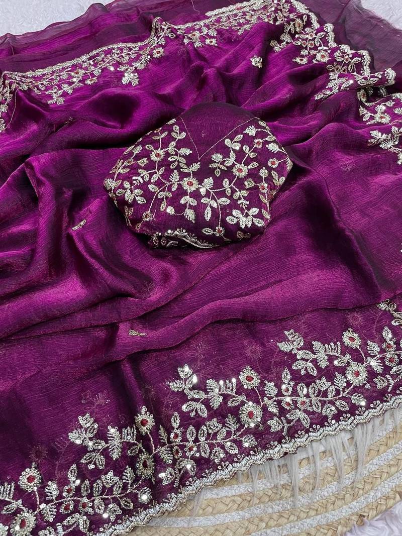 Wine fendy chiffon two ton saree and blouse with sequence embroidery work