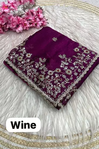 Wine fendy chiffon two ton saree and blouse with sequence embroidery work