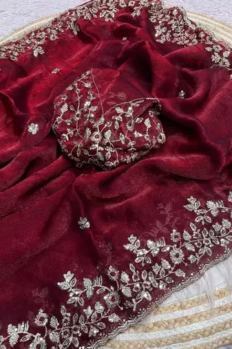 Maroon fendy chiffon two ton saree and blouse with sequence embroidery work