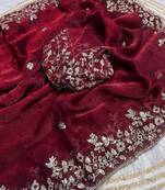 Maroon fendy chiffon two ton saree and blouse with sequence embroidery work
