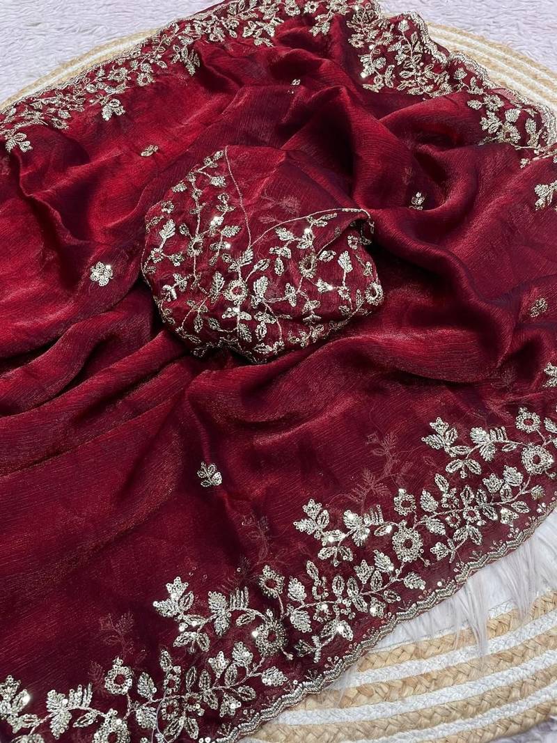 Maroon fendy chiffon two ton saree and blouse with sequence embroidery work