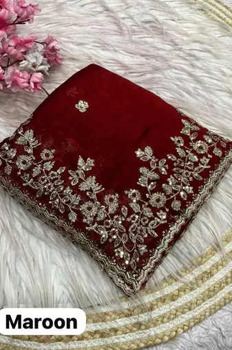 Maroon fendy chiffon two ton saree and blouse with sequence embroidery work