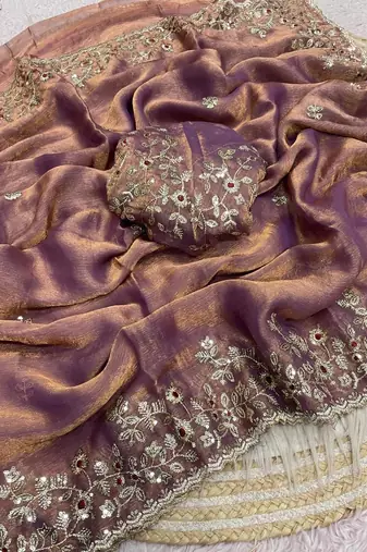 Lavender fendy chiffon two ton saree and blouse with sequence embroidery work