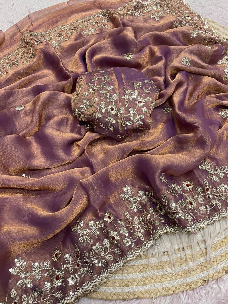 Lavender fendy chiffon two ton saree and blouse with sequence embroidery work