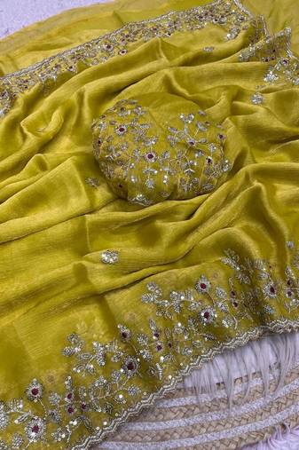 Lemon yellow fendy chiffon two ton saree and blouse with sequence embroidery work