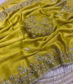 Lemon yellow fendy chiffon two ton saree and blouse with sequence embroidery work
