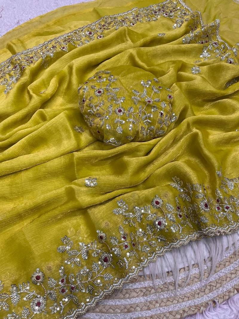 Lemon yellow fendy chiffon two ton saree and blouse with sequence embroidery work
