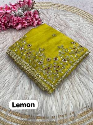 Lemon yellow fendy chiffon two ton saree and blouse with sequence embroidery work 2