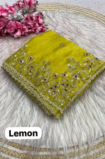 Lemon yellow fendy chiffon two ton saree and blouse with sequence embroidery work