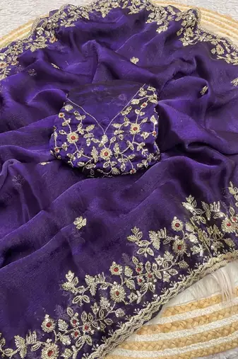 Purple fendy chiffon two ton saree and blouse with sequence embroidery work