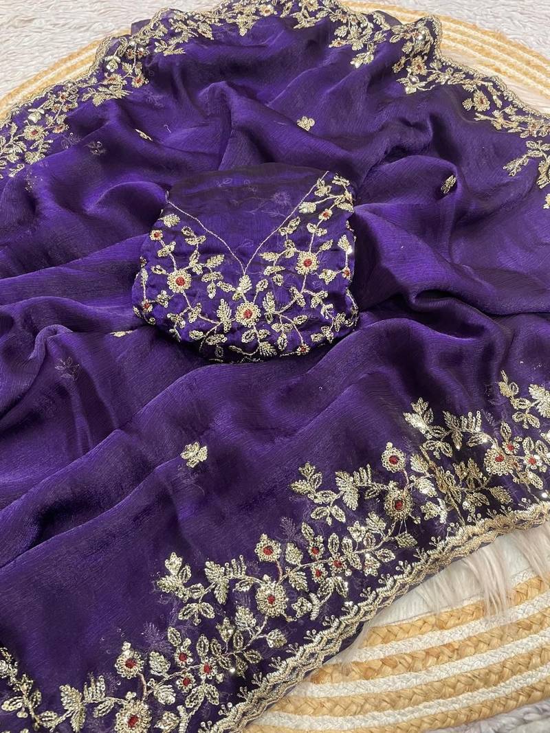 Purple fendy chiffon two ton saree and blouse with sequence embroidery work