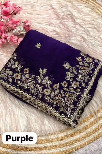Purple fendy chiffon two ton saree and blouse with sequence embroidery work