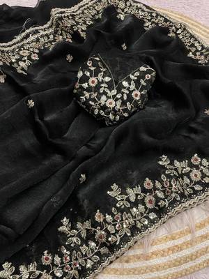 Black fendy chiffon two ton saree and blouse with sequence embroidery work 1