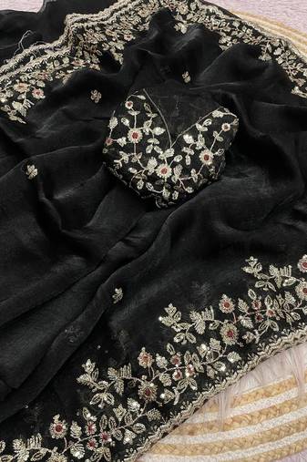 Black fendy chiffon two ton saree and blouse with sequence embroidery work