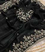 Black fendy chiffon two ton saree and blouse with sequence embroidery work