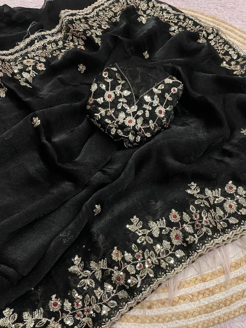 Black fendy chiffon two ton saree and blouse with sequence embroidery work