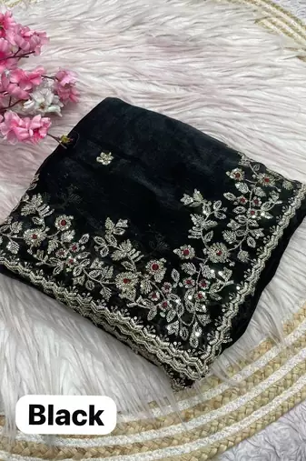 Black fendy chiffon two ton saree and blouse with sequence embroidery work