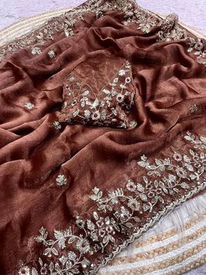 Brown fendy chiffon two ton saree and blouse with sequence embroidery work 1