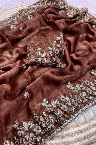 Brown fendy chiffon two ton saree and blouse with sequence embroidery work
