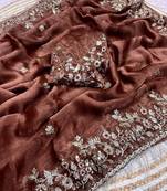Brown fendy chiffon two ton saree and blouse with sequence embroidery work