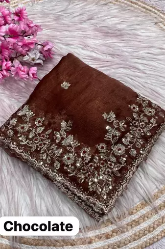 Brown fendy chiffon two ton saree and blouse with sequence embroidery work