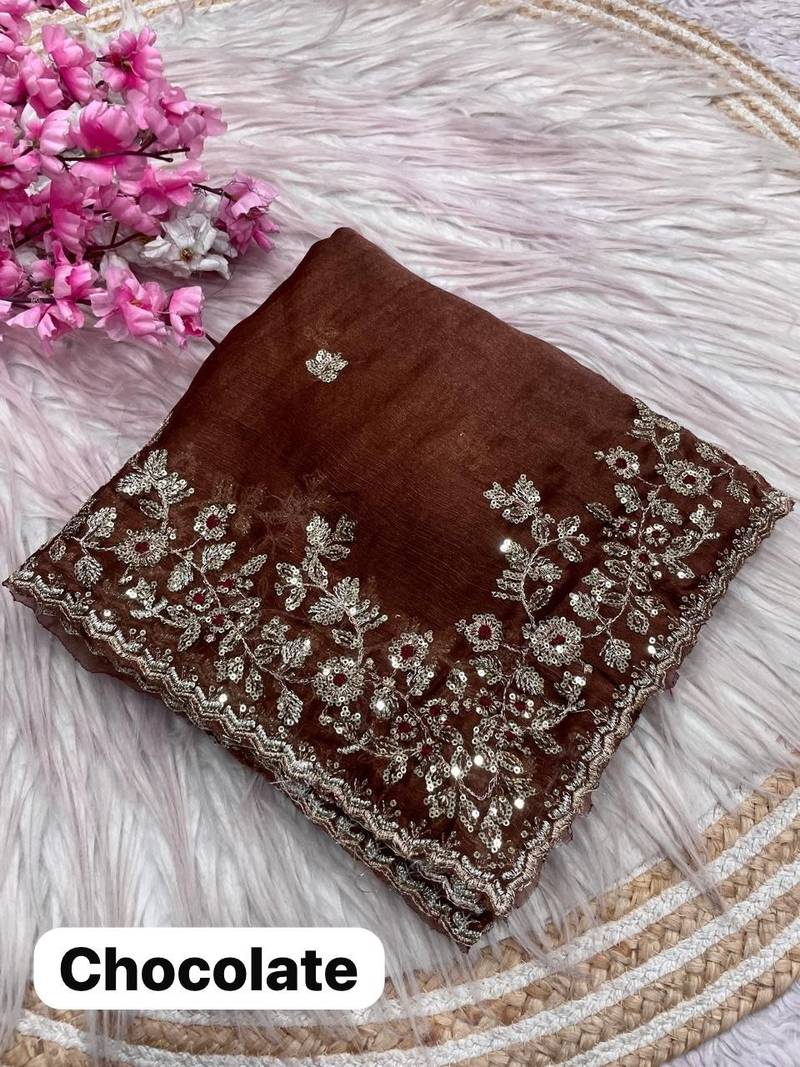 Brown fendy chiffon two ton saree and blouse with sequence embroidery work
