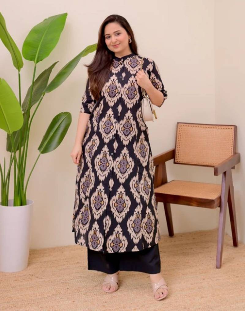 black a line rayon printed kurta with pant set for women