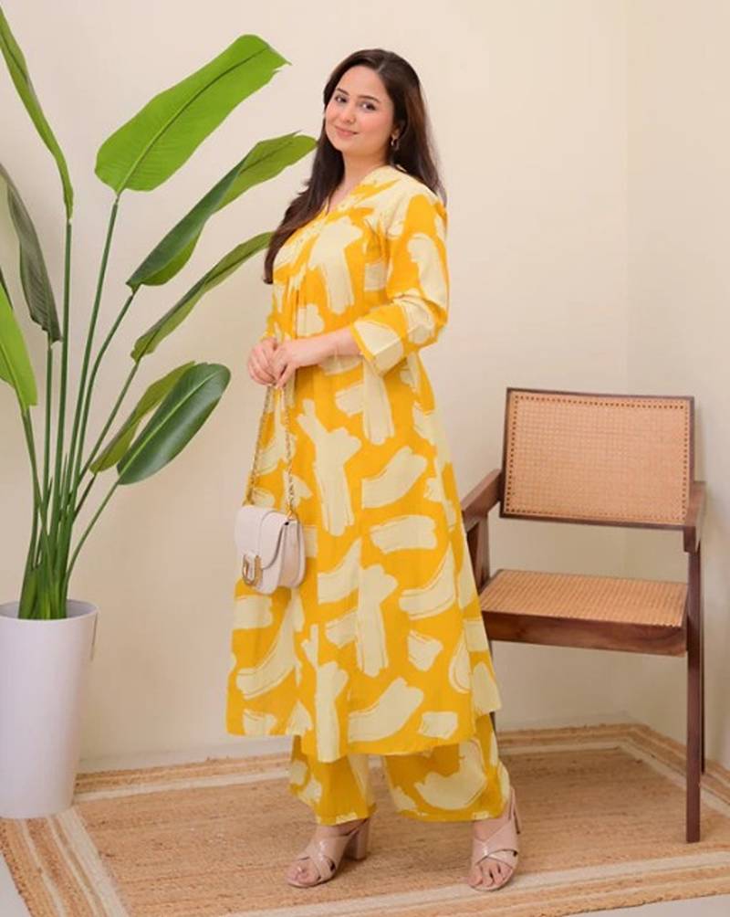light yellow rayon printed a line kurta with pant set